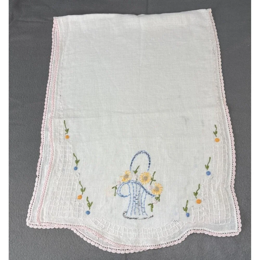 Hand Embroidered Linen Table Runner Flowers & Pink Lace Trim 38x14